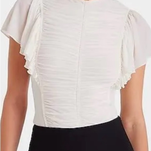 Express Fitted Crew Neck Flutter Sleeve Ruched Tee - Picture 1 of 2